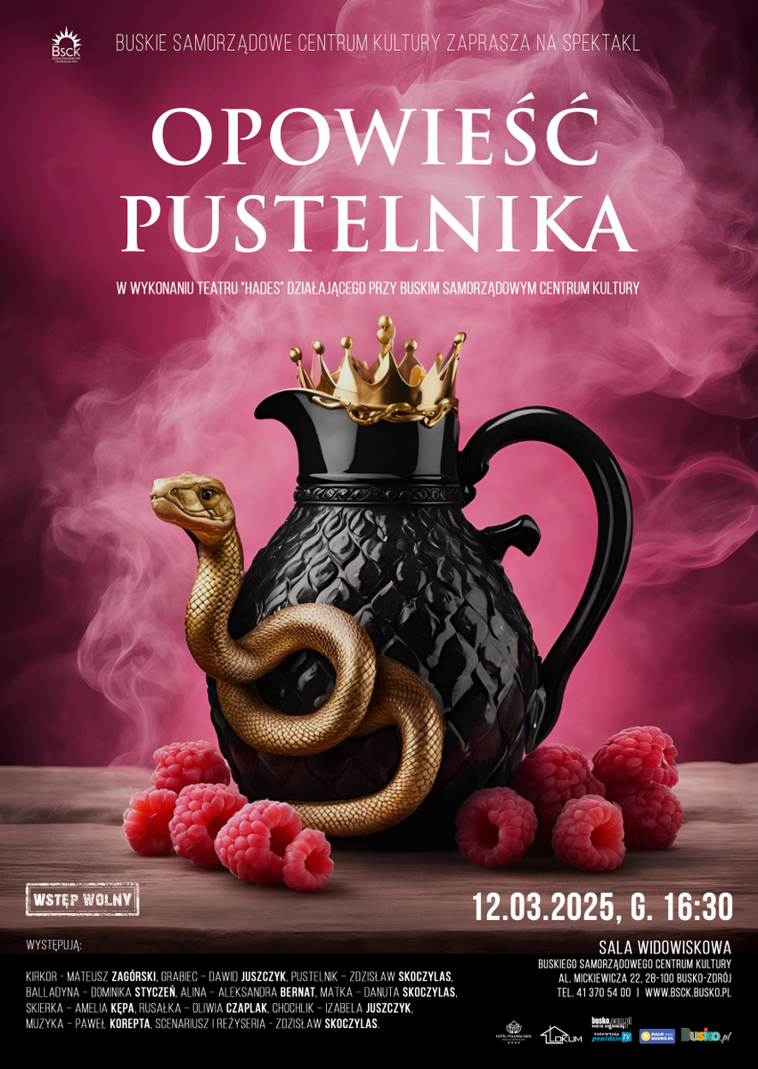 grafika promująca spektakl teatralny, czarny dzban z koroną, złoty wąż, maliny