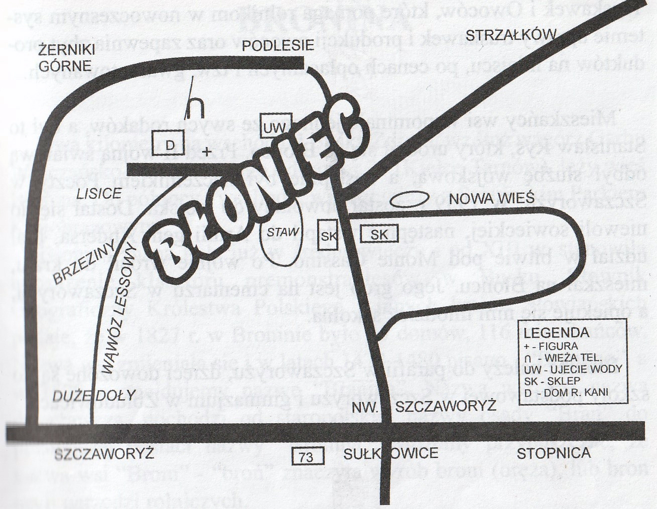 schematyczna mapa miejscowości Błoniec