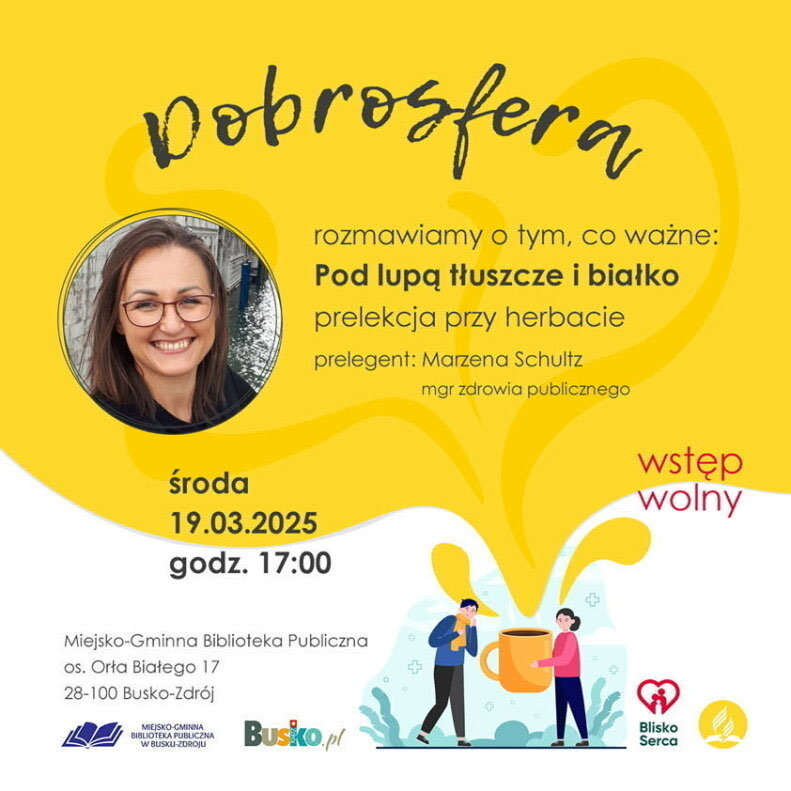 grafika promująca spotkanie ze specjalistką, zdjęcie kobiety, żółte tło