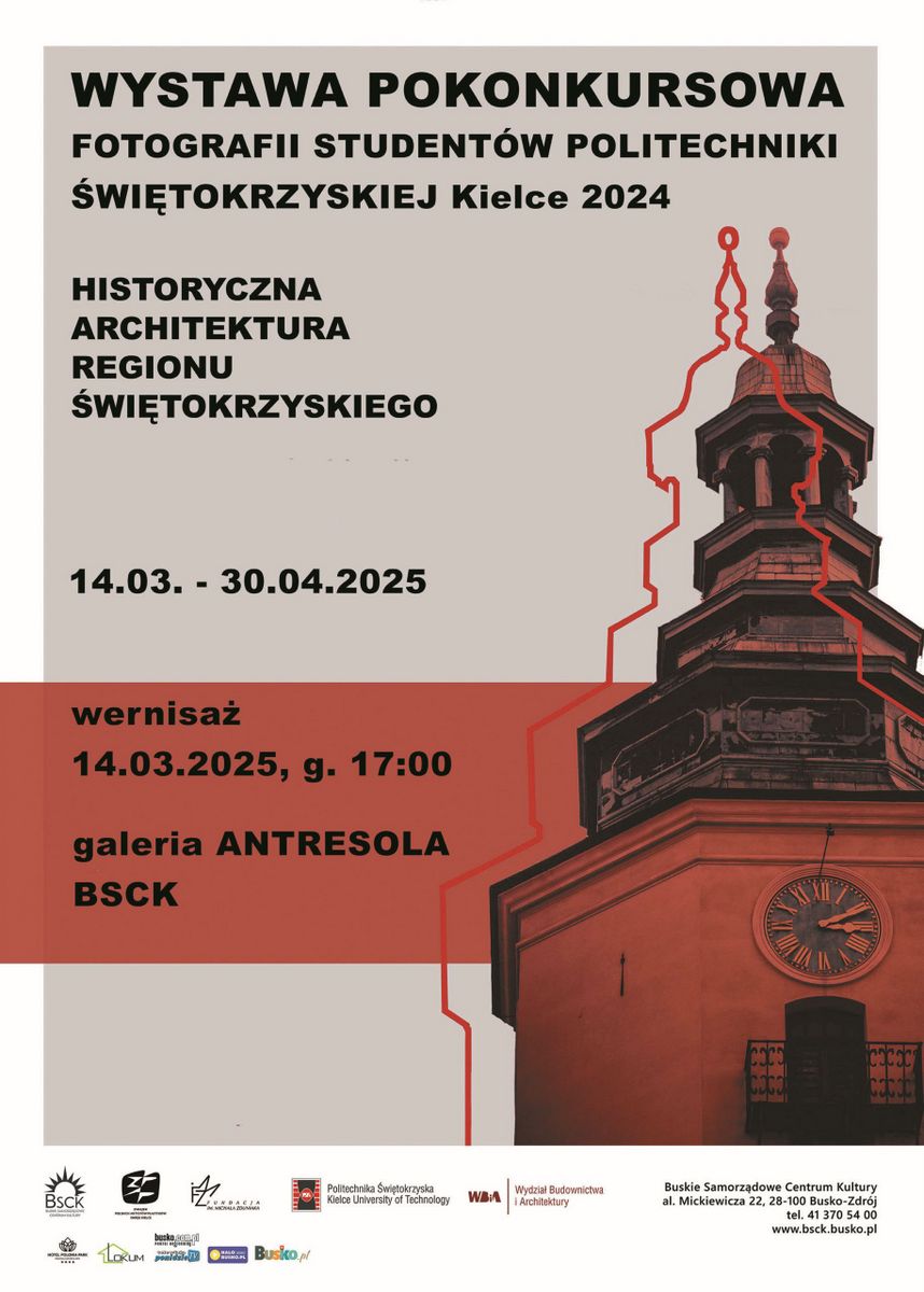 grafika promująca wystawę fotografii, fragment wieży kościelnej, szare tło