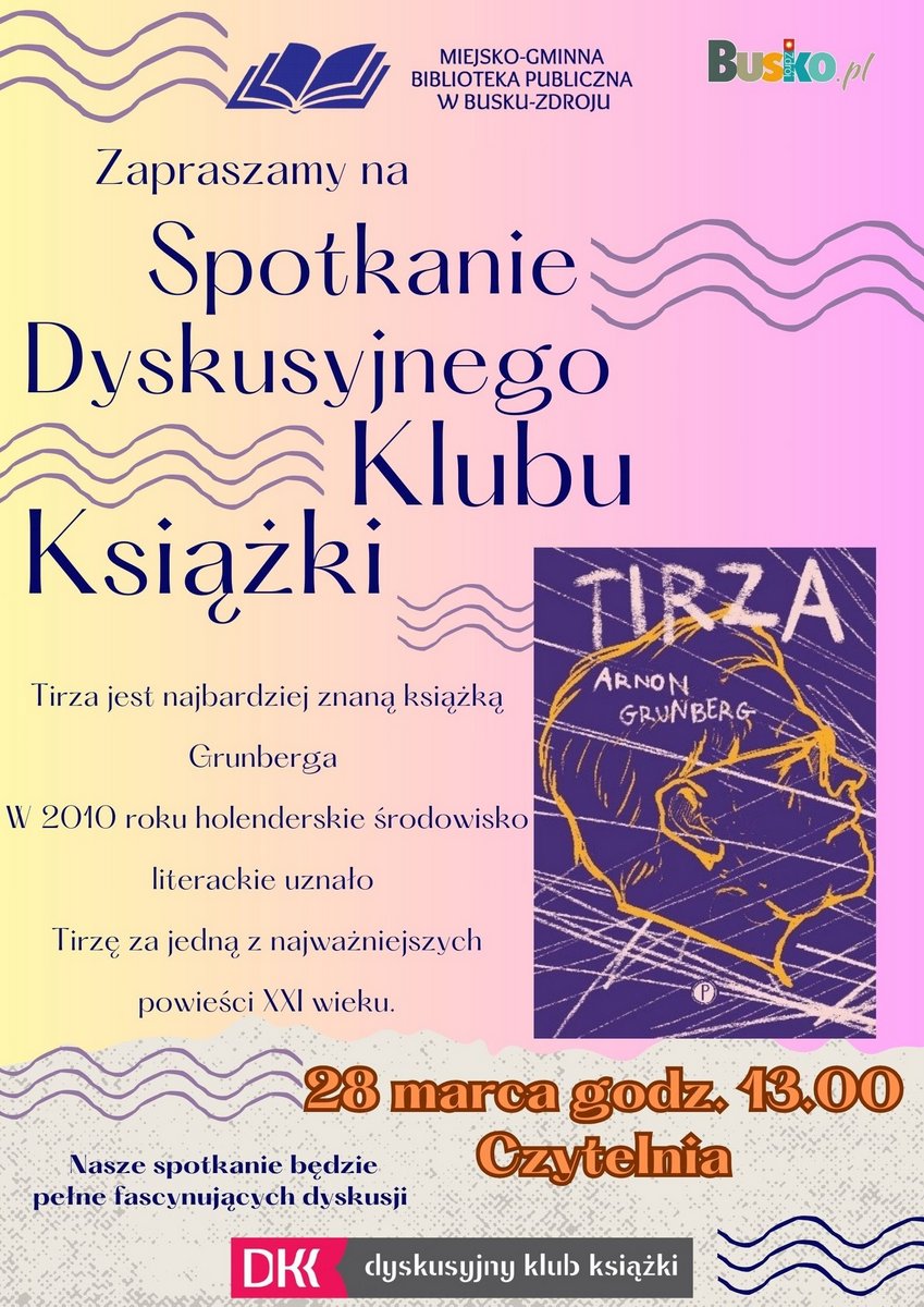 grafika promująca spotkanie dyskusyjnego klubu książki, fragment okładki, różowe tło