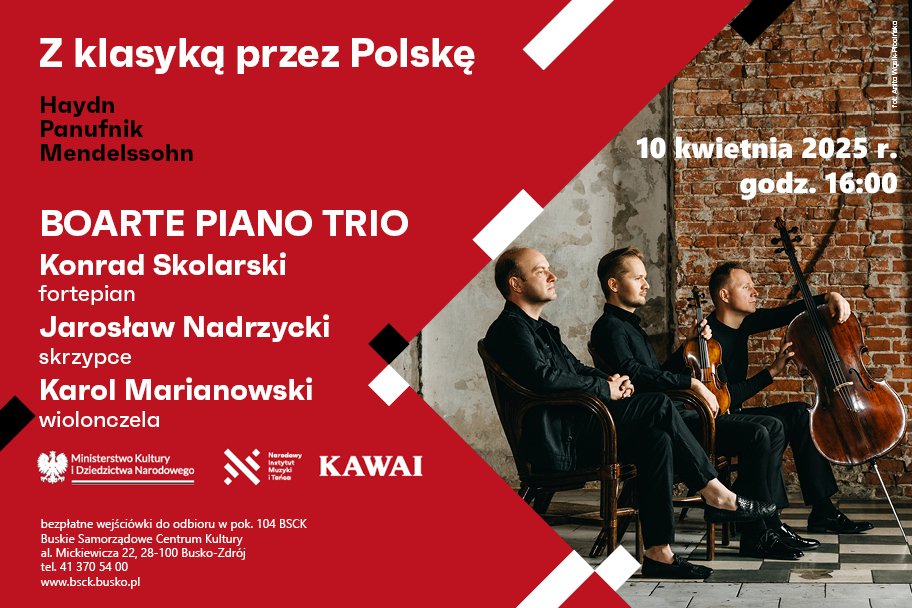 grafika promująca koncert, trzech muzyków z instrumentami, czerwone tło