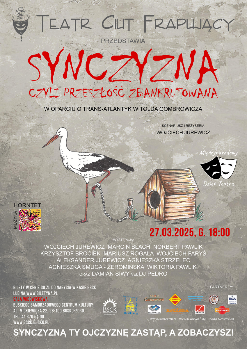 plakat promujący spektakl, bocian, buda dla psa