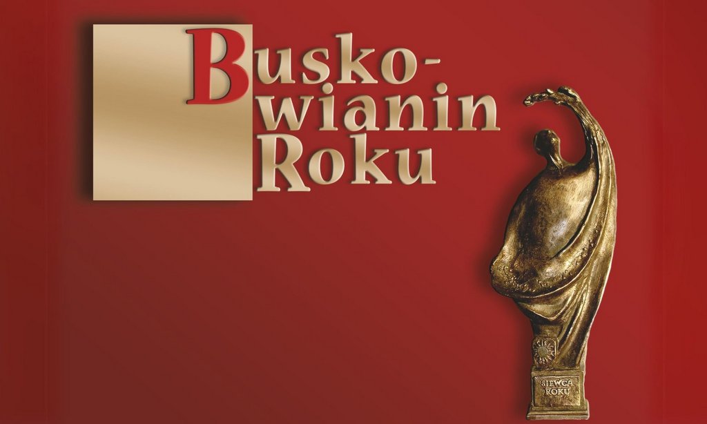 Buskowianin Roku - grafika promocyjna, statuetka Siewcy, czerwone tło