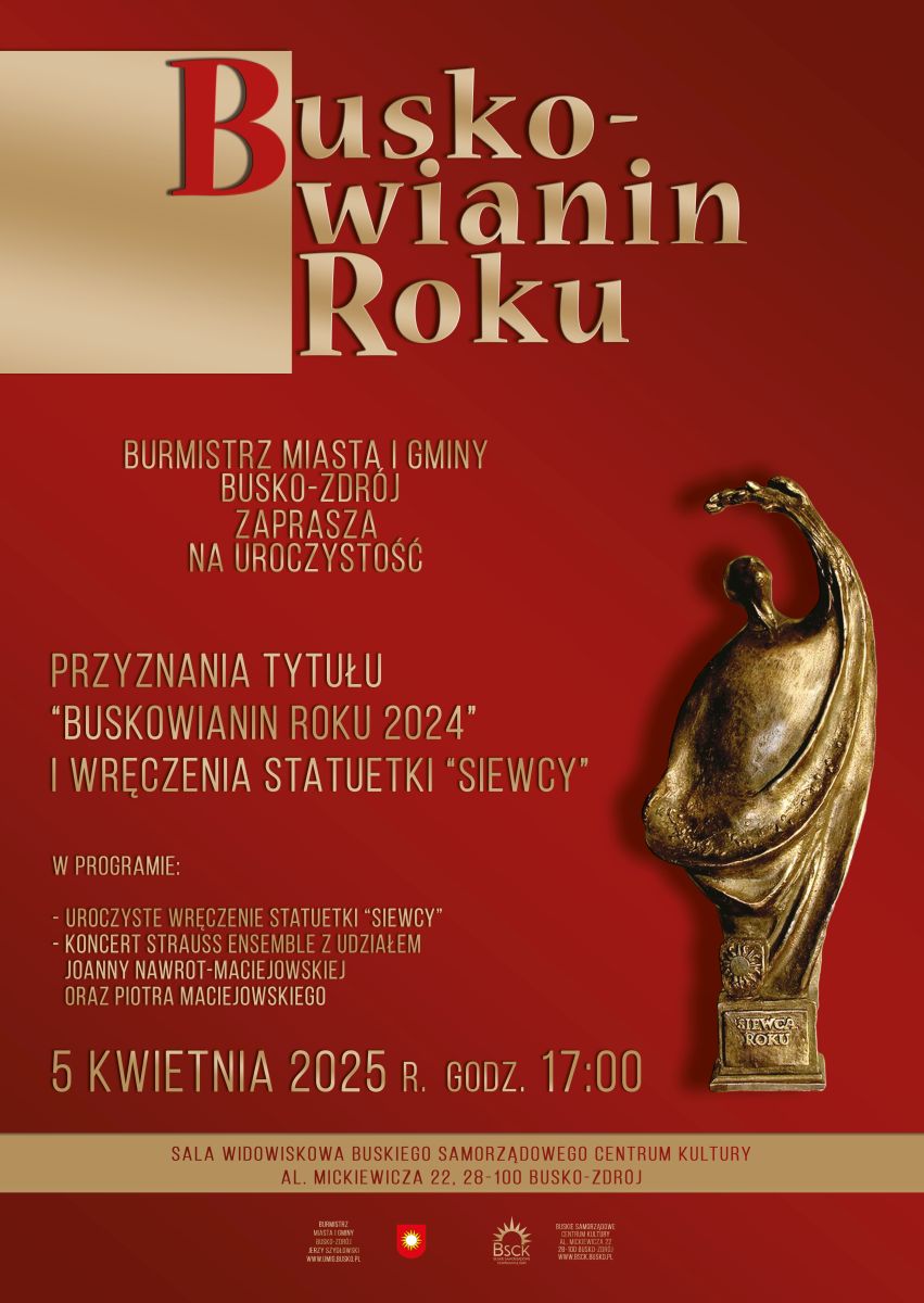 Buskowianin Roku - grafika promocyjna, statuetka Siewcy, czerwone tło