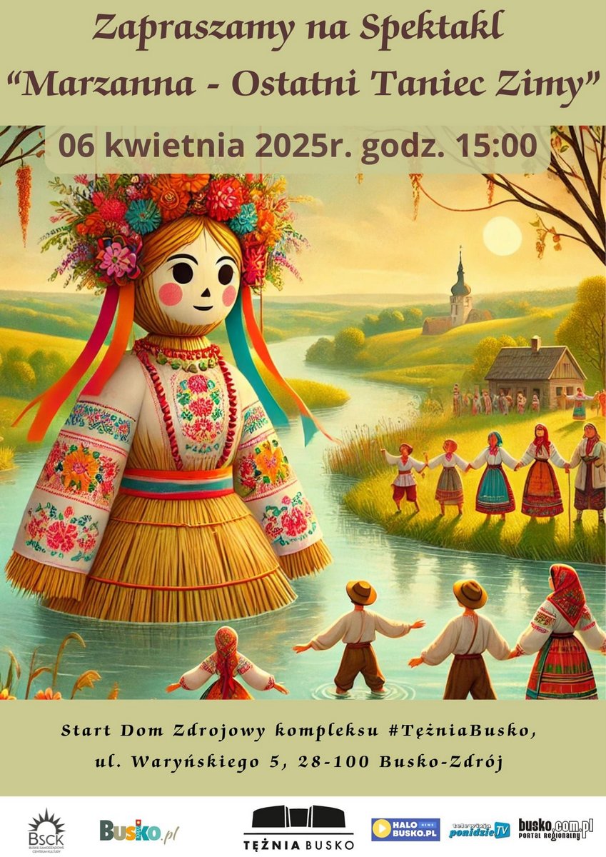 grafika promująca spektakl, postać Marzanny, w tle panorama wsi