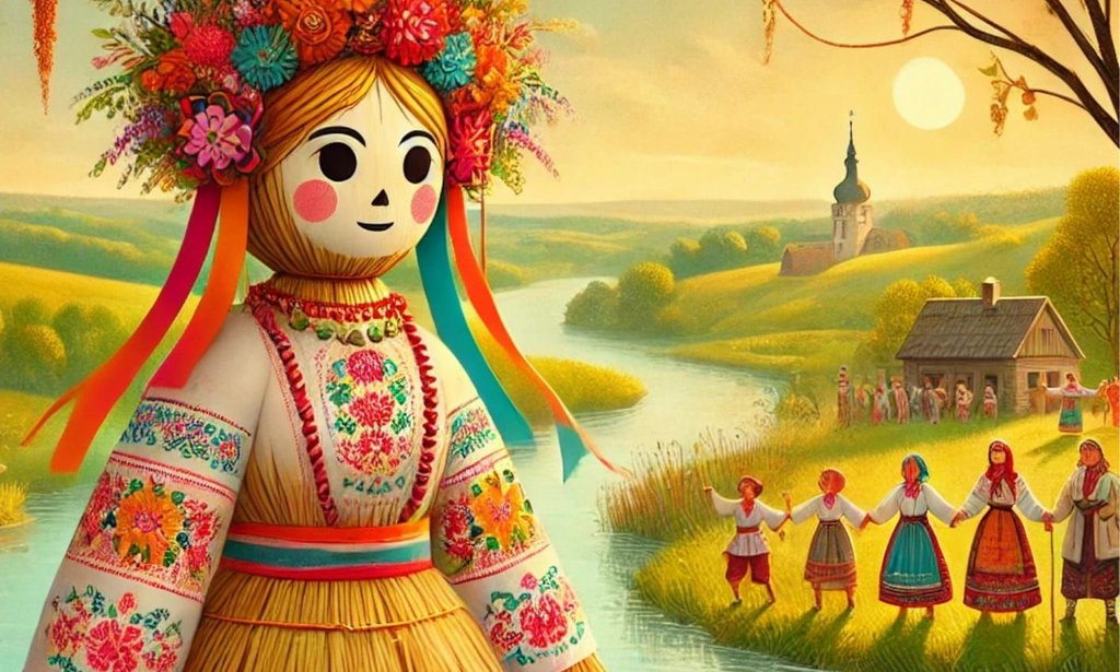 grafika promująca spektakl, postać Marzanny, w tle panorama wsi