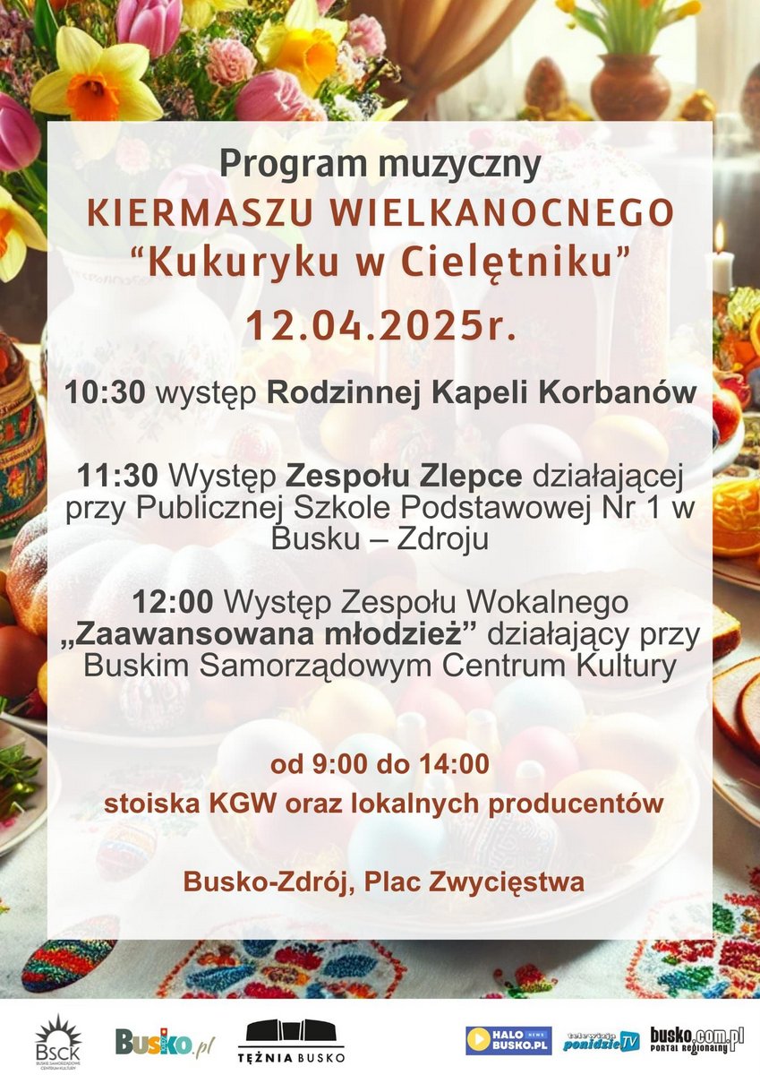 Program kiermaszu wielkanocnego, w tle fotografia ozdób świątecznych