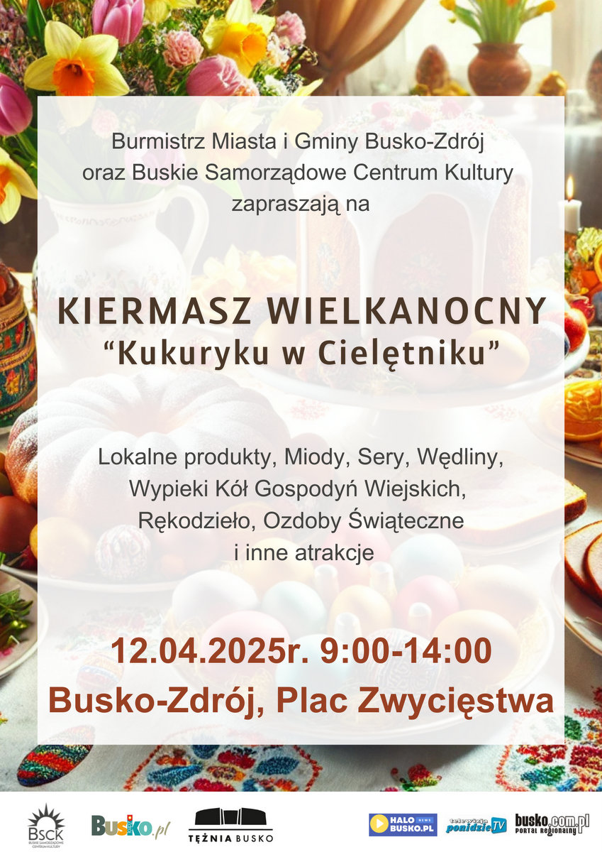 Plakakt promujący kiermasz wielkanocny, w tle fotografia ozdób świątecznych