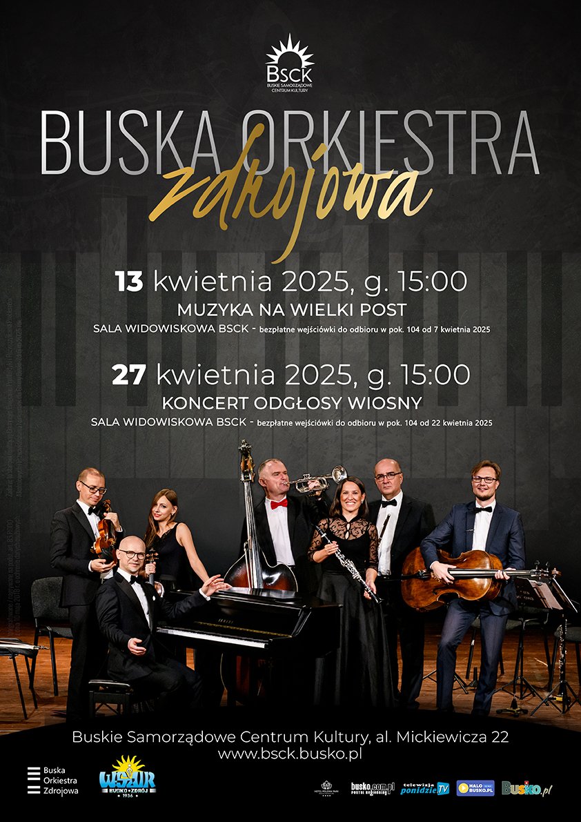 plakat promujący koncerty Buskiej Orkiestry Zdrojowej, zdjęcie muzyków 