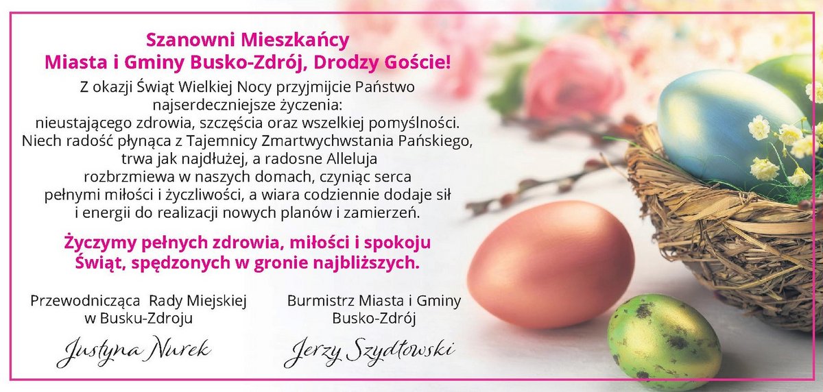 życzenia świąteczne, w tle pisanki, koszyk wiklinowy