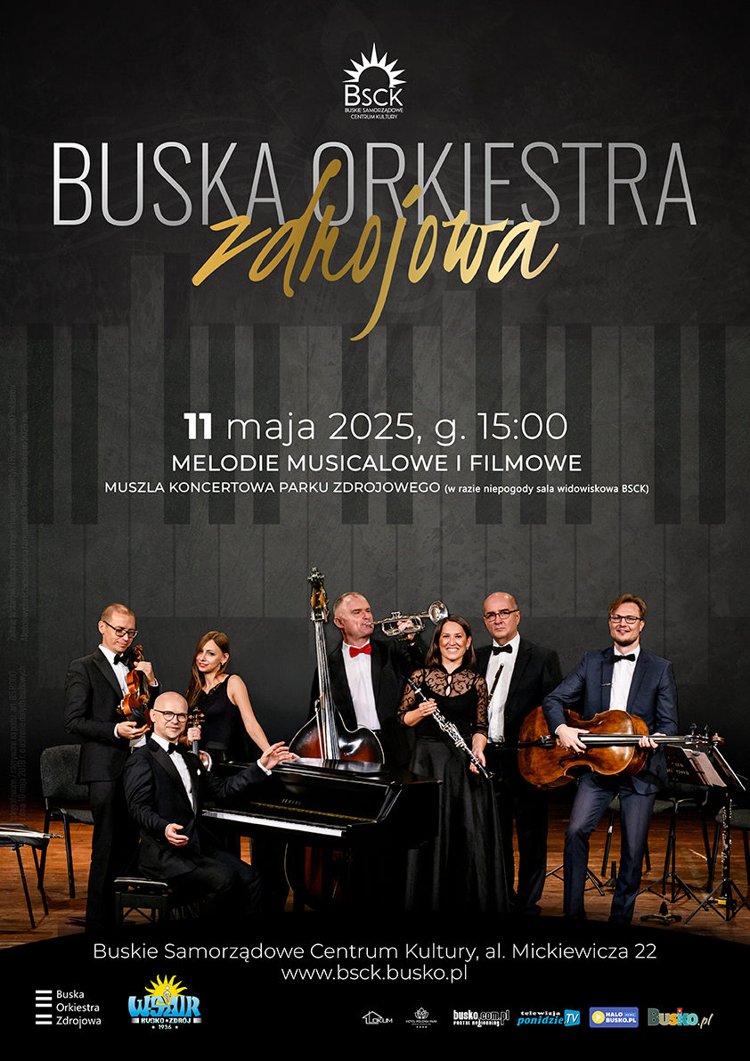 plakat promujący koncert, muzycy w strojach galowych, z instrumentami