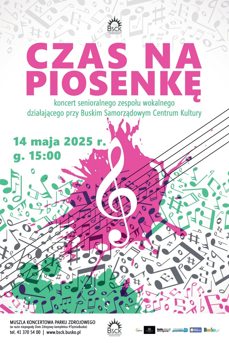 plakat promujący koncert seniorów, barwna grafik, nuty, struny gitary