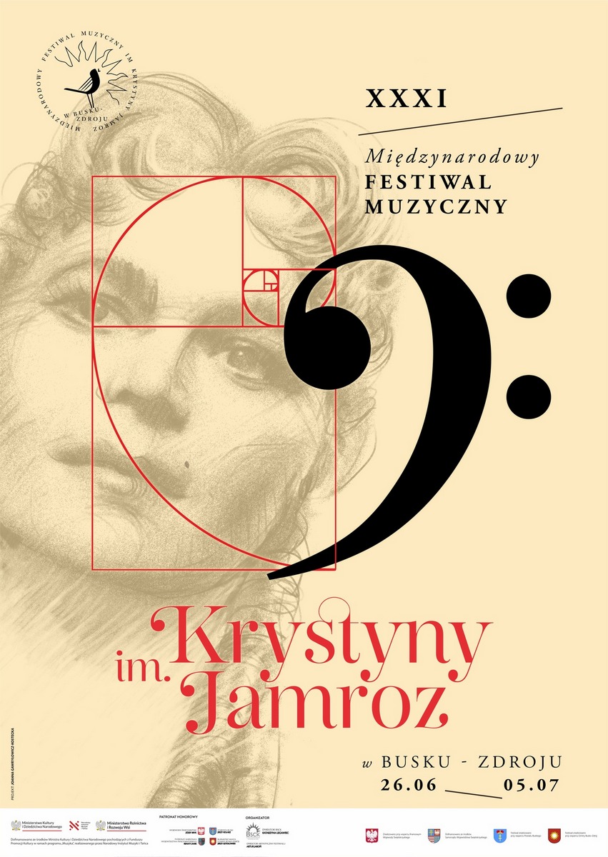 plakat festiwalowy, twarz kobiety, symbol złotego podziału, symbol klucza basowego