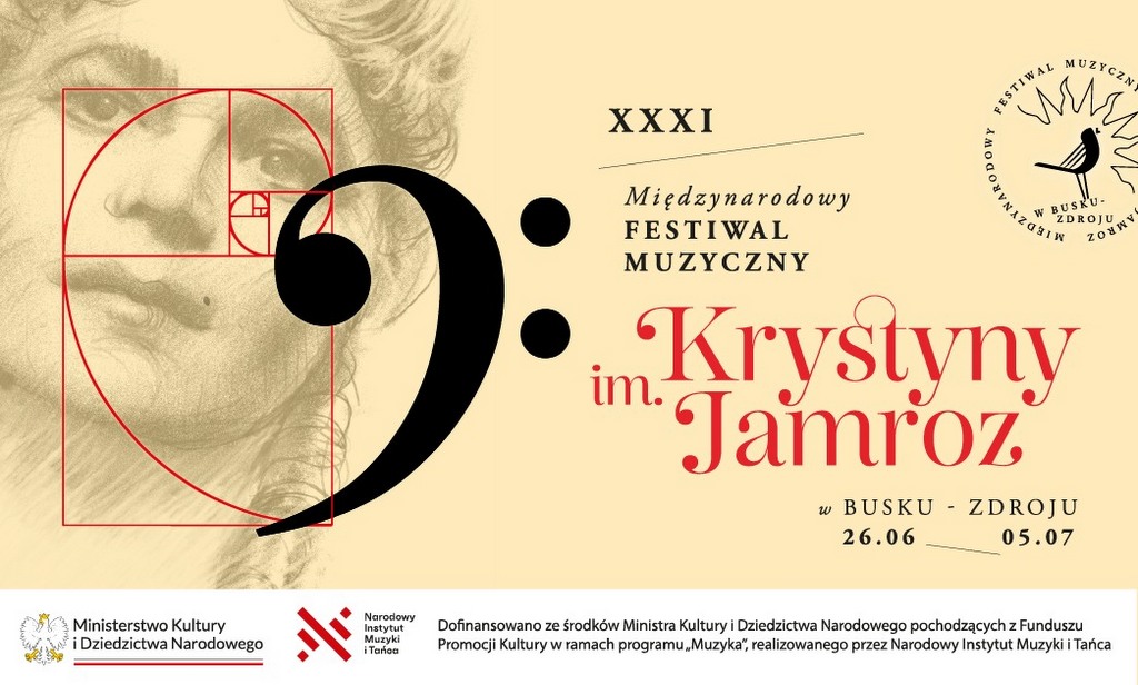 plakat festiwalowy, twarz kobiety, symbol złotego podziału, symbol klucza basowego