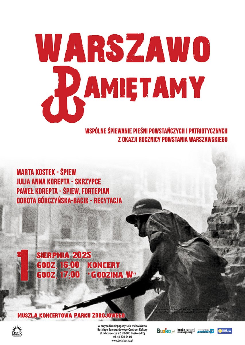 plakat promujący koncert poświęcony rocznicy Powstania Warszawskiego, żołnierz na tle ruin Warszawy