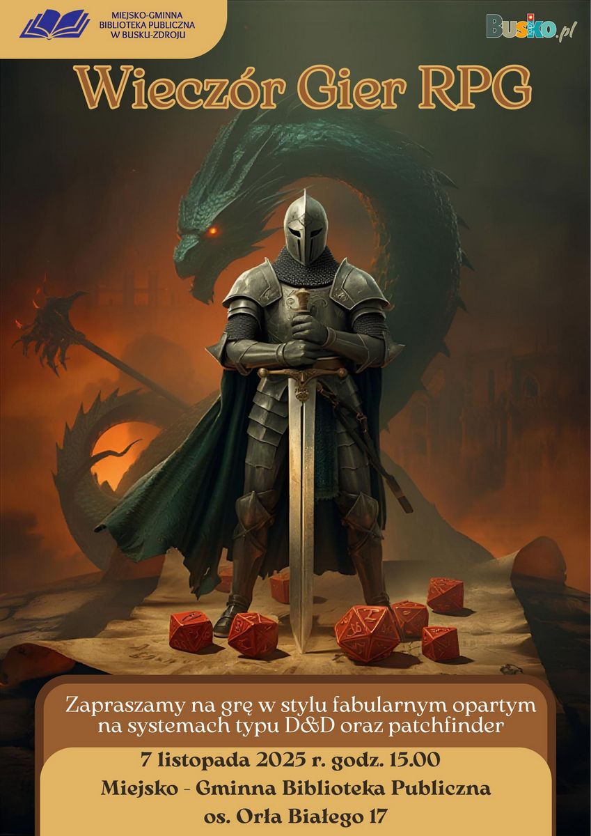 plakat promujący spotkanie z miłośnikami gier, na grafice rycerz z mieczem i smok