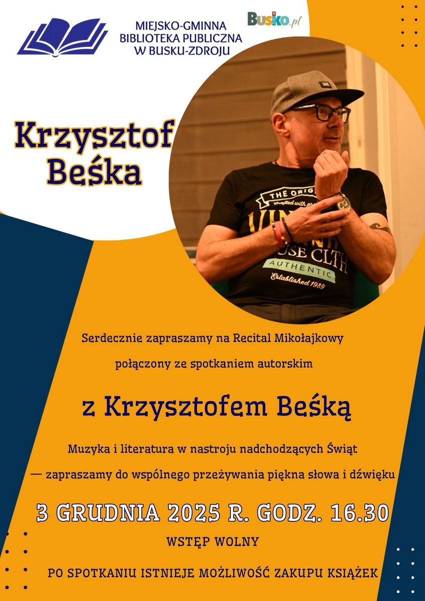 Plakat przedstawiający fotografię mężczyzny oraz tekst zaproszenia na spotkanie autorskie 3 grudnia 2025r. o godz. 16.30 001