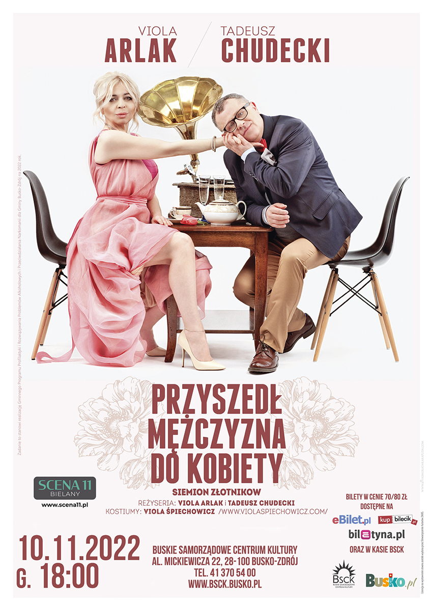 plakat promujący spektakl Przyszedl Mezczyzna do Kobiety