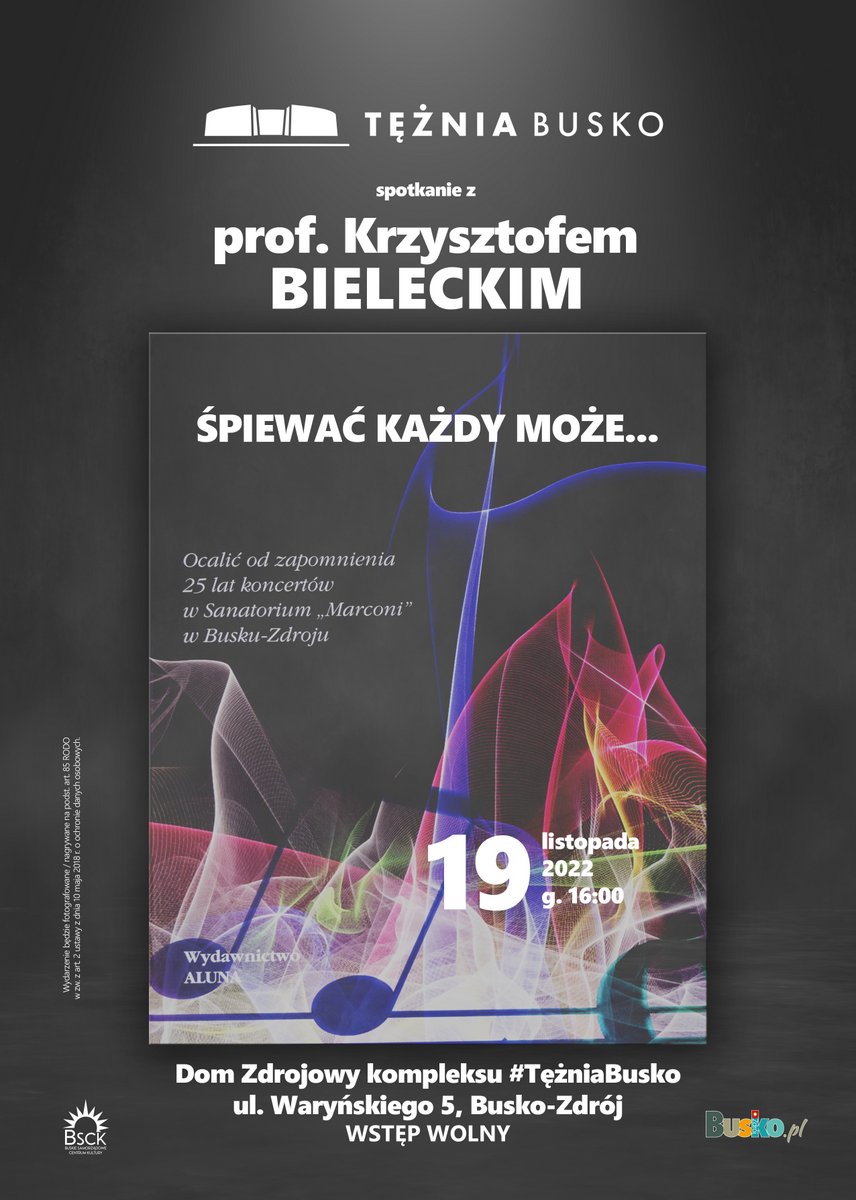 Plakat promujący spotkanie autorskie z Krzysztofem Bieleckim,  przedstawia okładkę książki