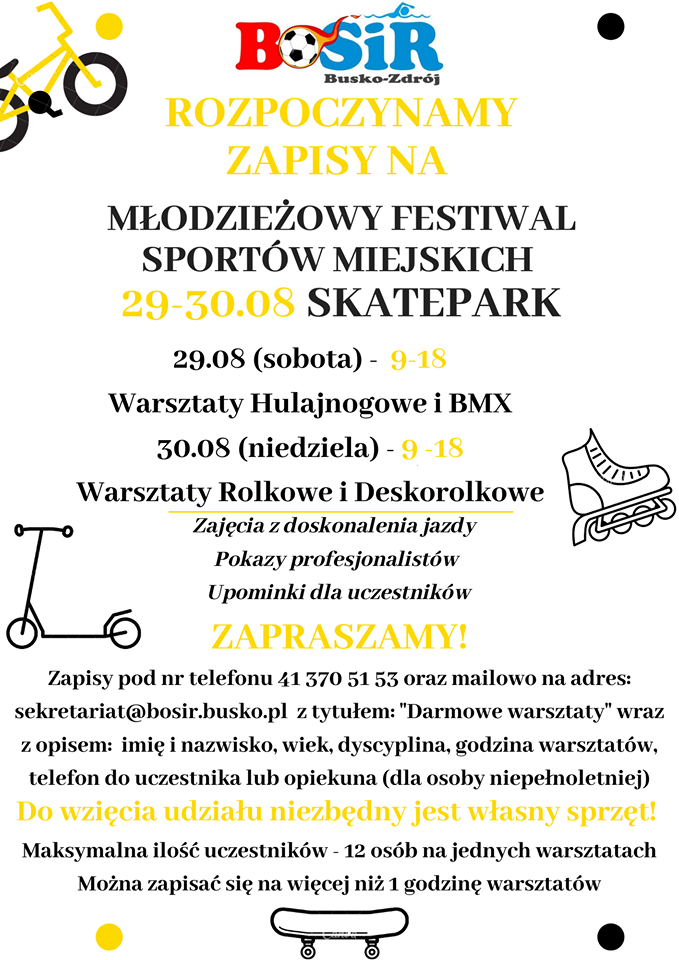 Serdecznie zapraszamy na "Młodzieżowy Festiwal Sportów Miejskich - Busko-Zdrój 2020" 