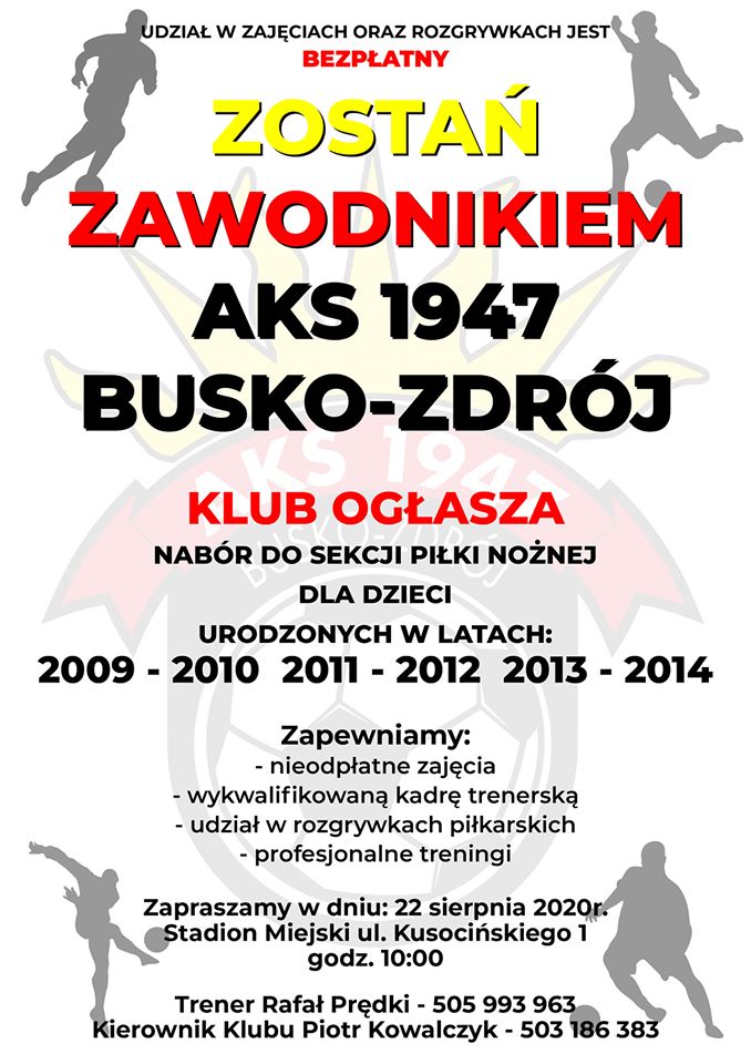 Klub AKS 1947 Busko-Zdrój ogłasza nabór do Sekcji Piłki Nożnej