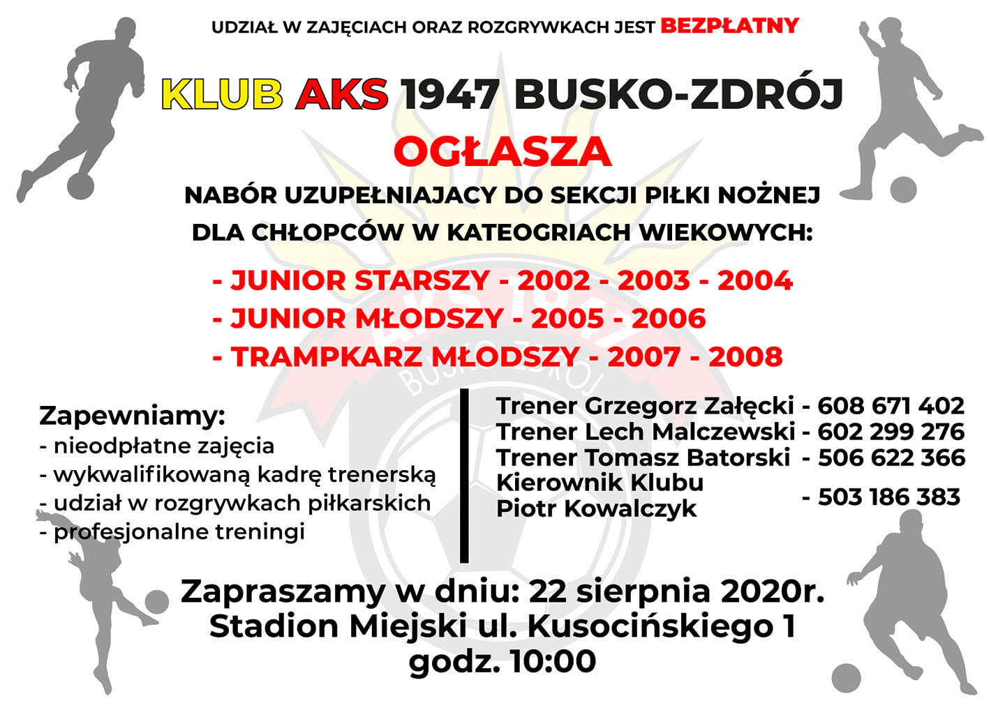 Klub AKS 1947 Busko-Zdrój ogłasza nabór do Sekcji Piłki Nożnej