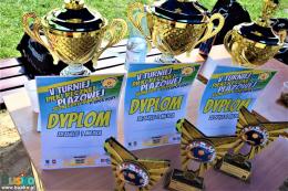 Na zdjęciu widoczne są puchary, dyplomy oraz statuetki przygotowane dla drużyn biorących udział w turnieju.