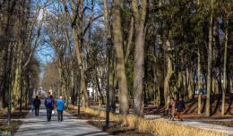 Zdjęcie przedstawia spacerujących po Buskim Parku Zdrojowym ludzi.
