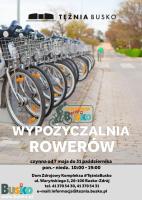 Plakat promujący wypożyczalnię rowerów. Widok rowerów ustawionych w rzędzie