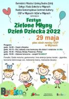 Plakat promujący festyn w Młynach na Dzień Dziecka - kolorowa grafika z dzieciakami i balonami