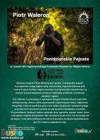 Plakat promujący wystawę fotografii Piotra Walerona Belona. Zielone tło, zdjęcie artysty oraz jego biografia