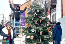 osoby dekorujące świąteczne choinki na placu Zwycięstwa