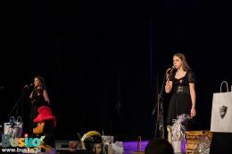 Trwa część artystyczna - na scenie kobieta przed  mikrofonem