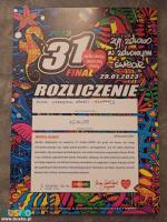 Zdjęcie przedstawia rozliczenie puszek WOŚP BOSIR z łączną kwotą 4514,58 złotych 