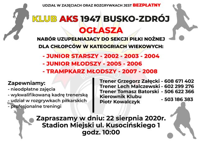 Klub AKS 1947 Busko-Zdrój ogłasza nabór do Sekcji Piłki Nożnej