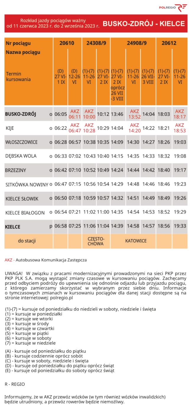 Rozkład jazdy Busko Kielce od 12 03 do 10 06 2023