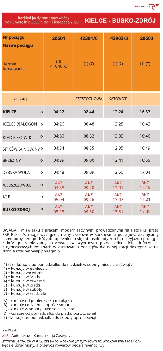 rozklad jazdy Kielce Busko od 03.09 do 11.11