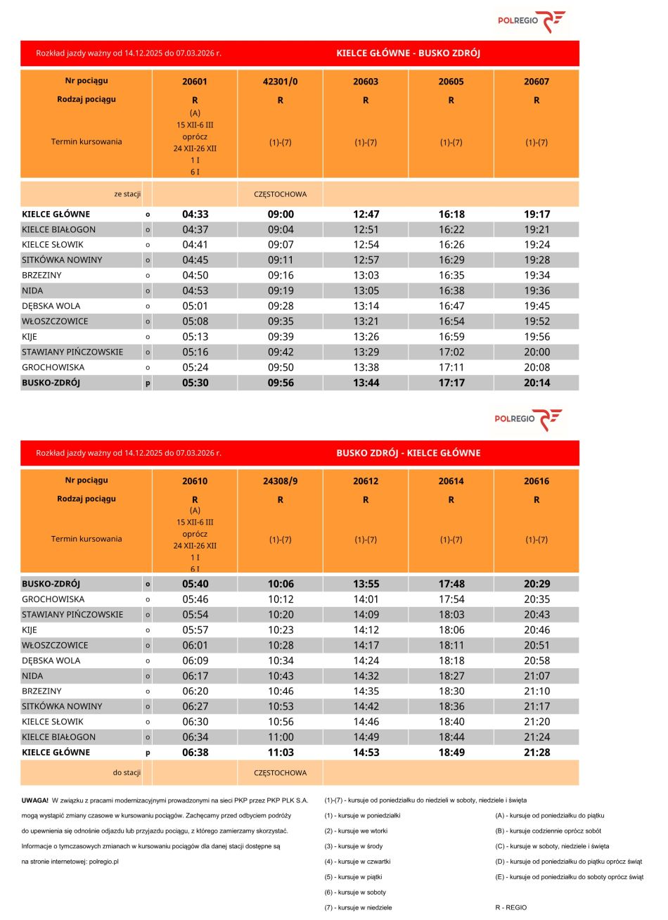 Rozkład jazdy na linii komunikacyjnej Busko-Zdrój-Kielce od 14 grudnia do 7 marca 2026 r.