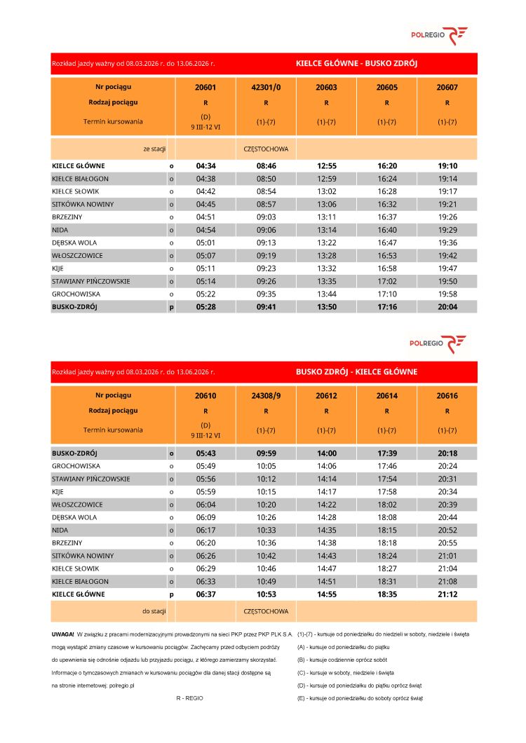 Rozkład jazdy na linii komunikacyjnej Busko-Zdrój-Kielce od 3 marca do 13 czerwca 2026 r.
